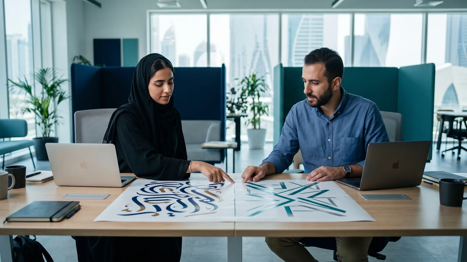 Two copywriters aligning the Arabic and English halves of one brand layout