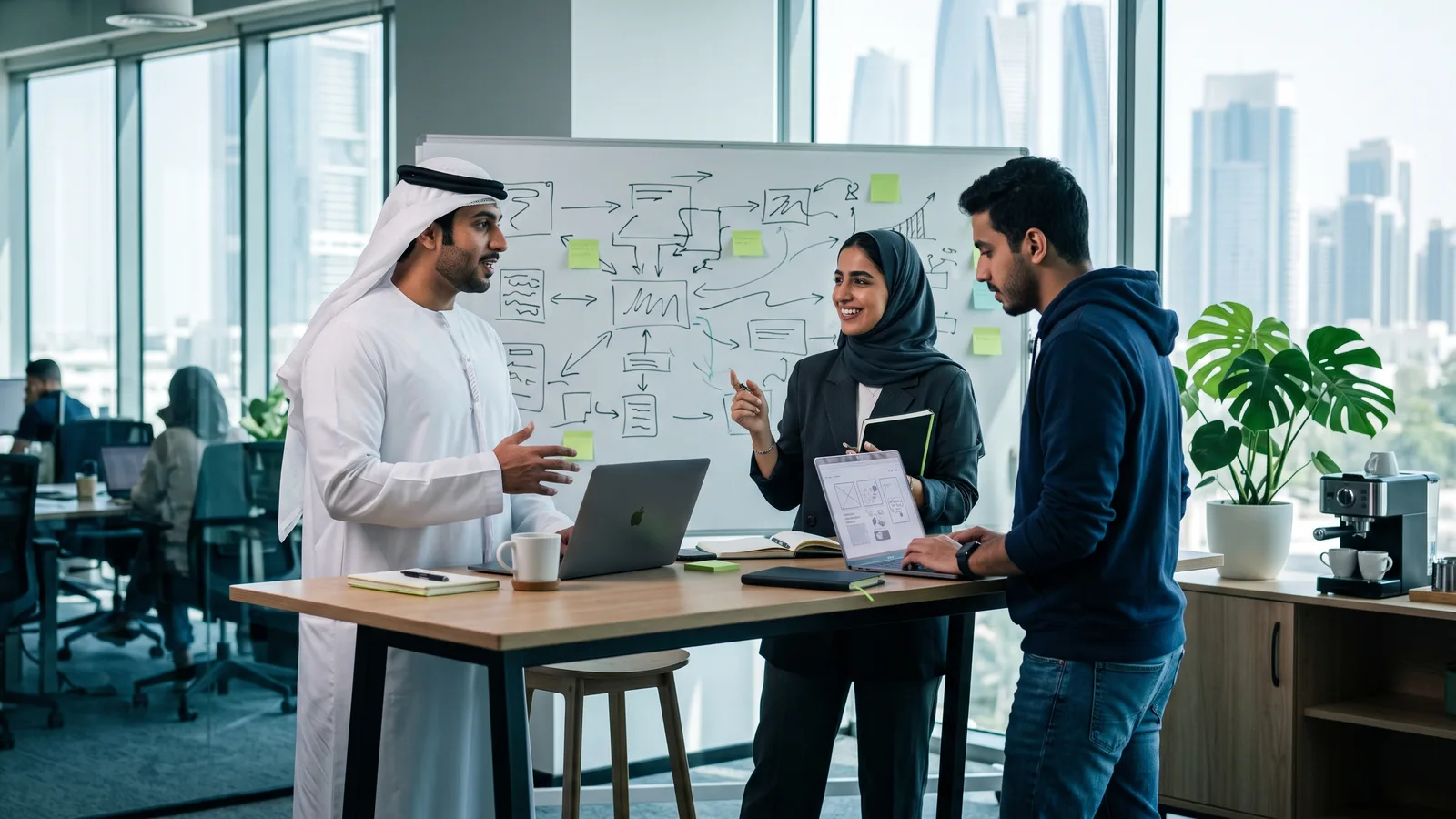 A young startup team planning at a whiteboard in an Abu Dhabi coworking space