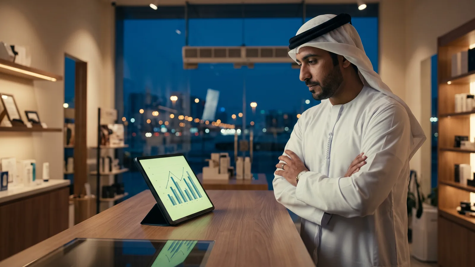 A UAE shop owner weighing his marketing budget on a tablet at closing time
