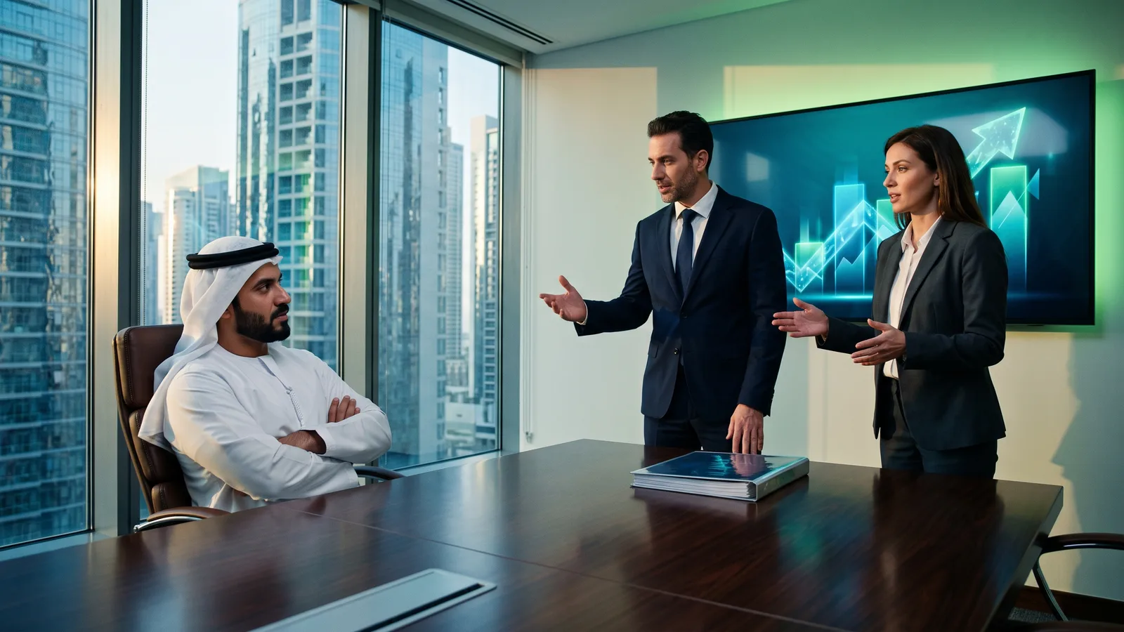 صاحب عمل متشكك يستمع إلى عرض وكالة في قاعة اجتماعات