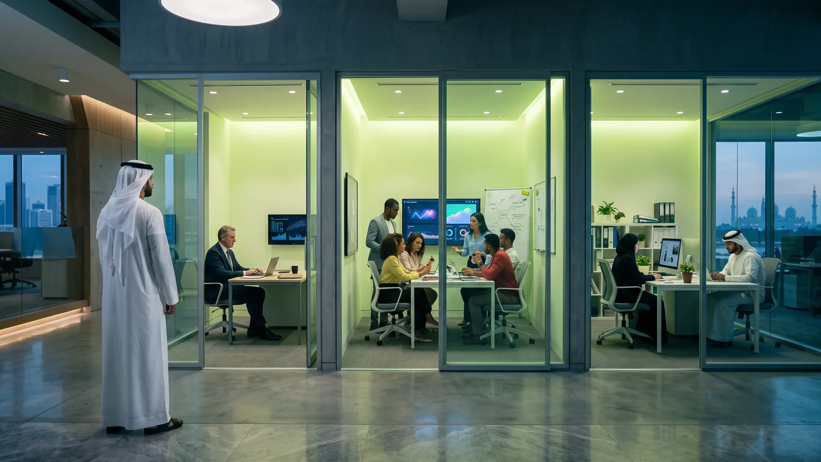 A founder looking at three meeting rooms: a consultant, an agency team and an in-house team