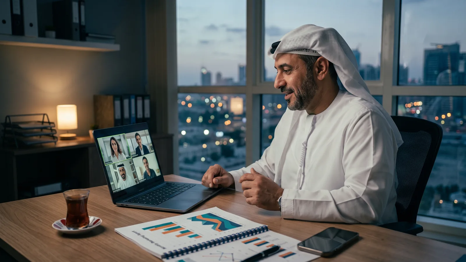 صاحب عمل في مكالمة مرئية مع فريق التسويق الخارجي