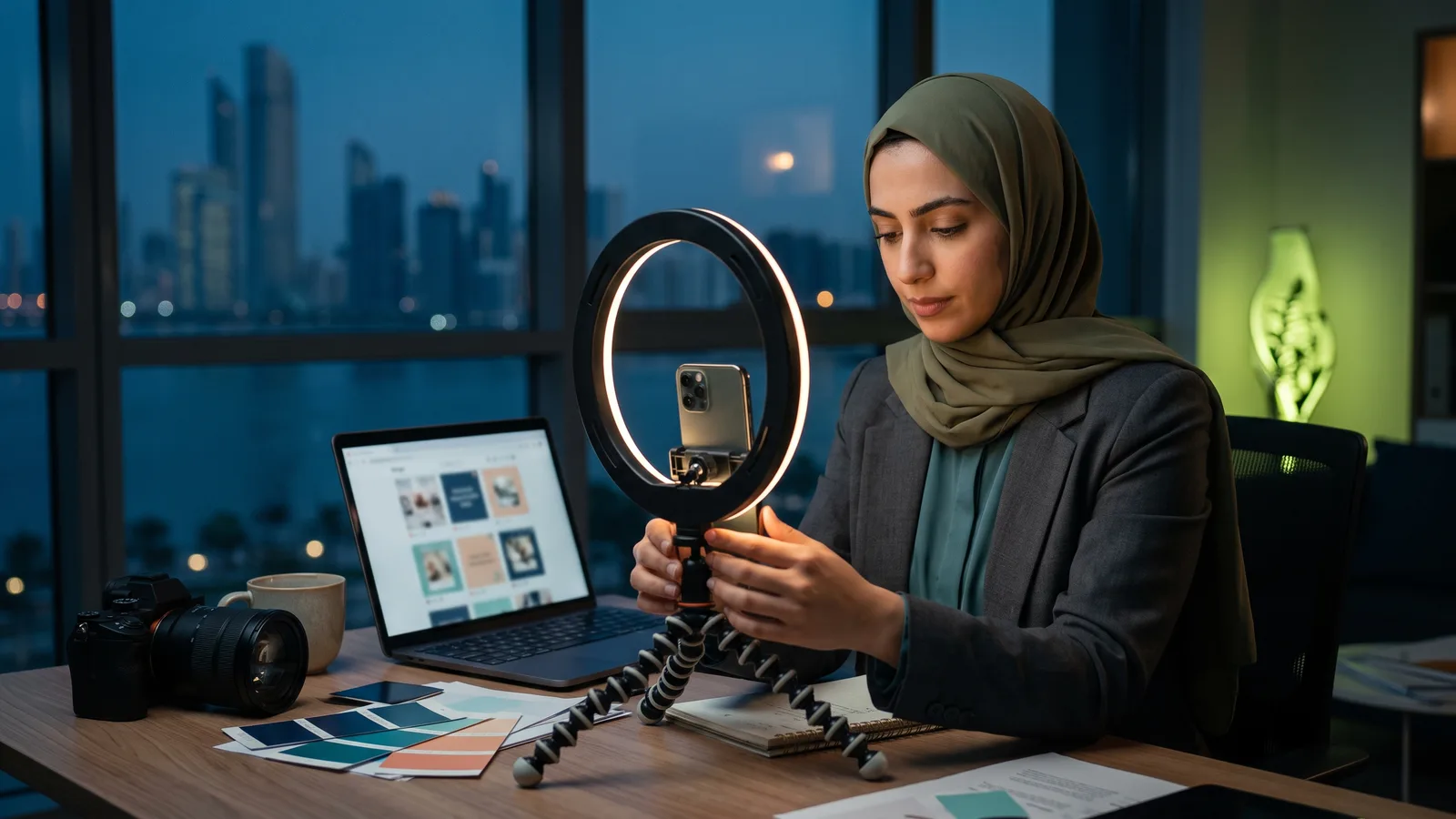 A content creator setting up a phone and ring light at an Abu Dhabi agency desk