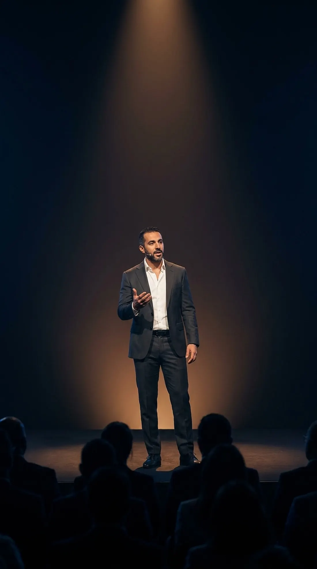 A trainer on stage under a single spotlight