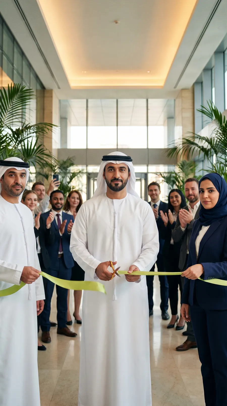 A ribbon cutting at an opening