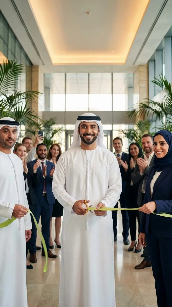 Live footage of a corporate ribbon cutting, framed in a camera viewfinder